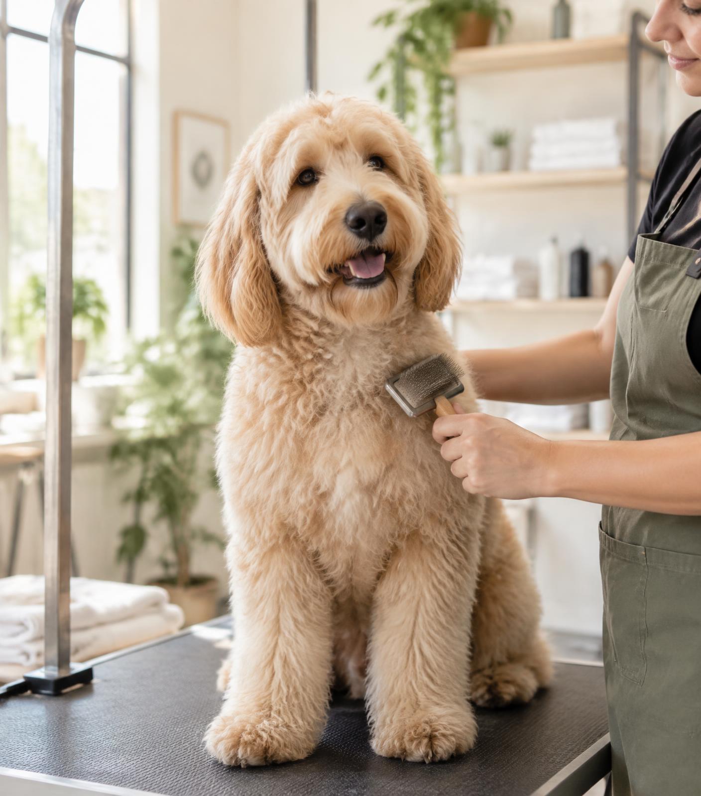 Groomerin bürstet einen entspannten Goldendoodle im Hundesalon