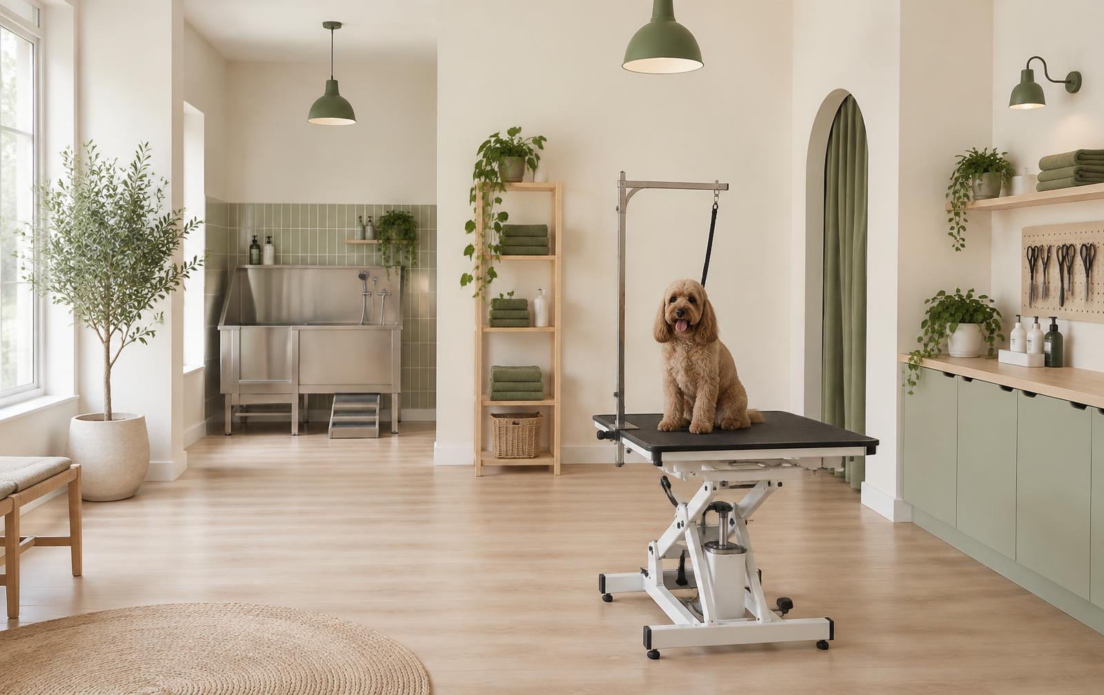 Heller, ruhiger Hundesalon mit Pflegetisch und Wanne